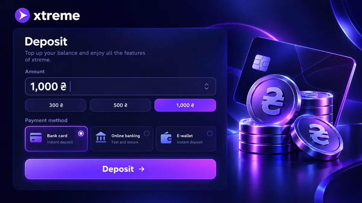 Xtreme Casino cashier with deposit methods in hryvnia