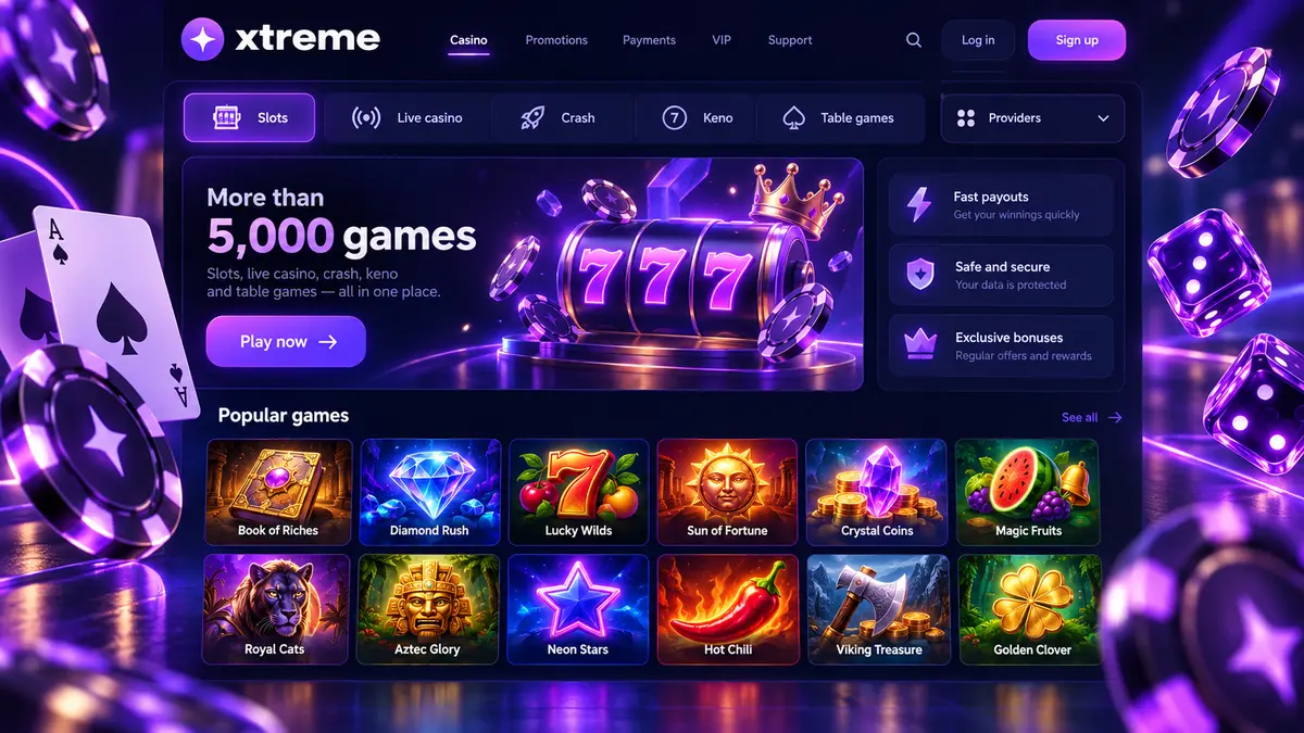 Xtreme Casino game section with slots and live categories