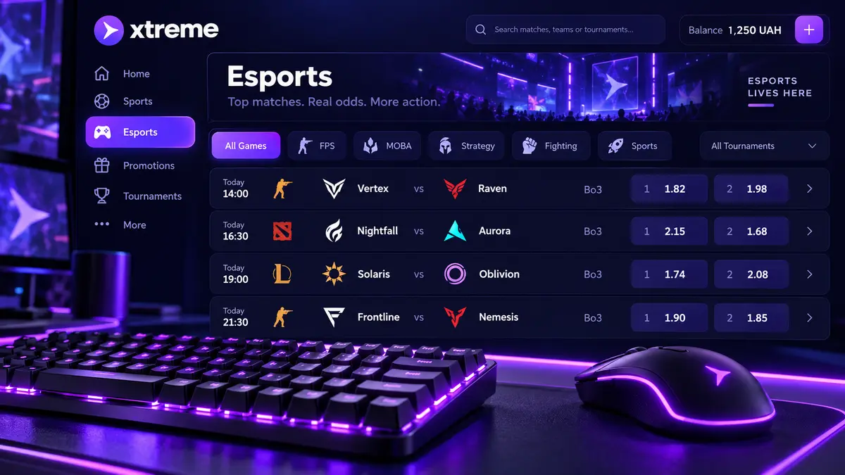 Xtreme esports section with matches and odds