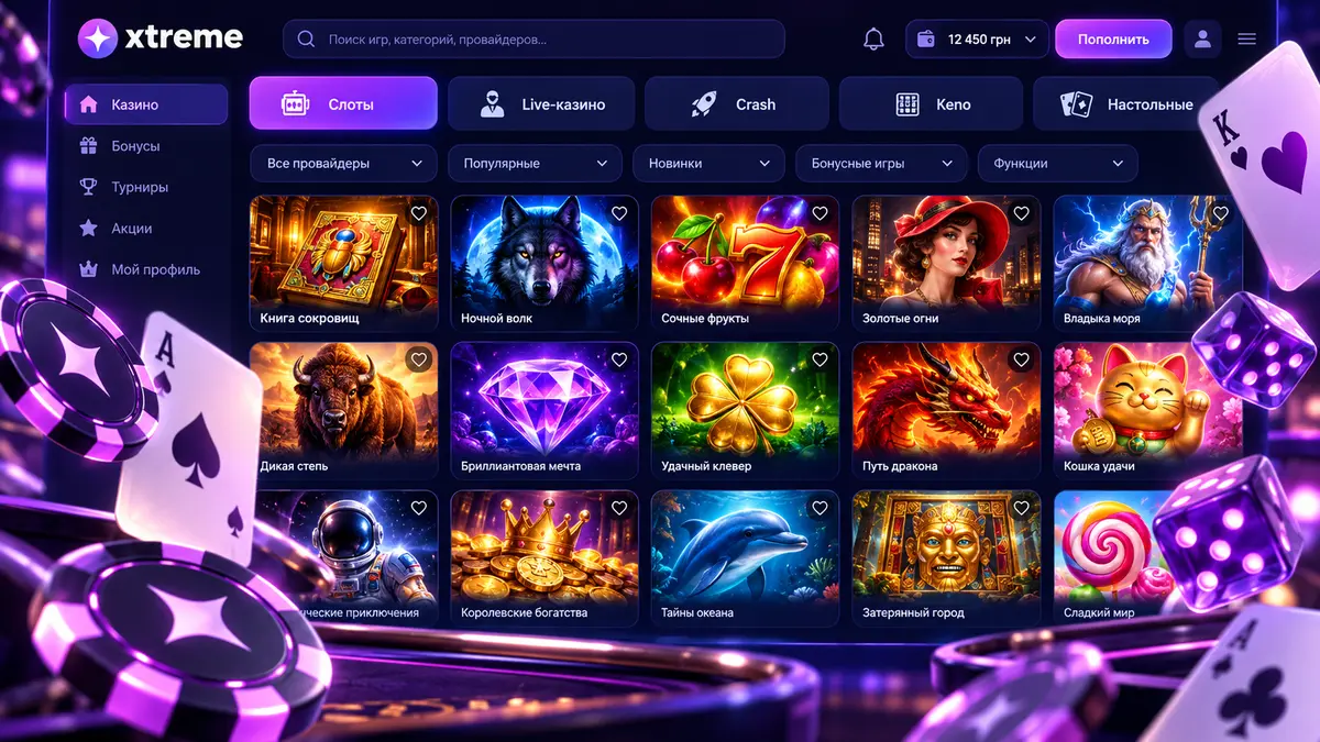 Игровой раздел Xtreme Casino с категориями слотов и live