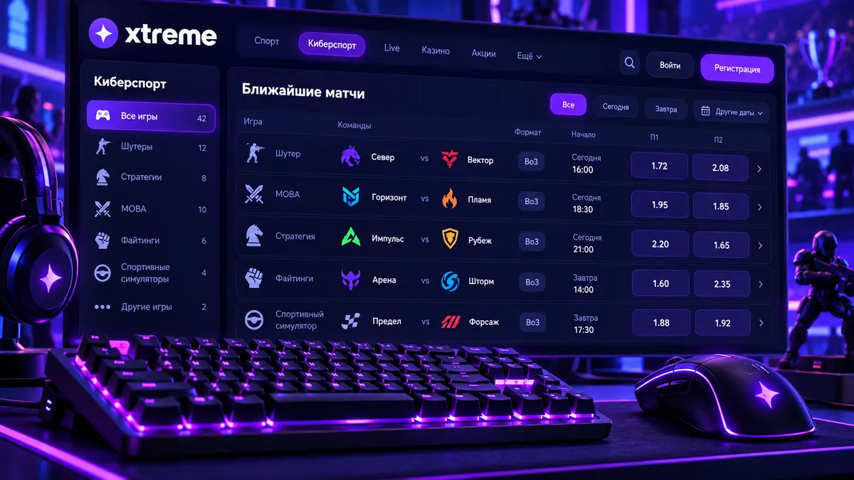 Раздел киберспорта Xtreme с матчами и коэффициентами