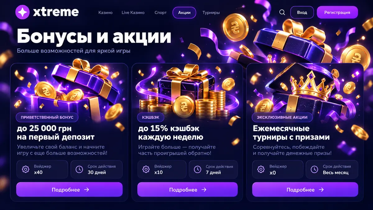 Раздел бонусов и акций Xtreme с условиями отыгрыша