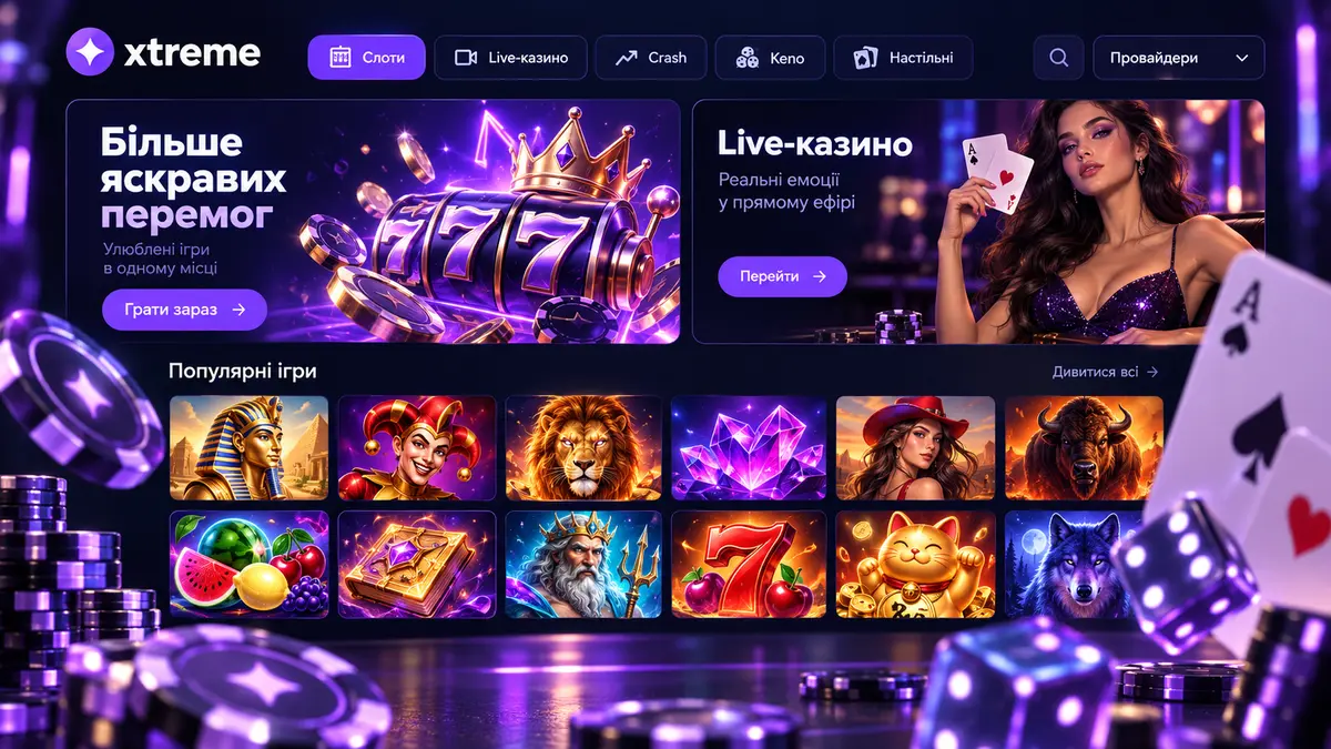 Ігровий розділ Xtreme Casino з категоріями слотів і live