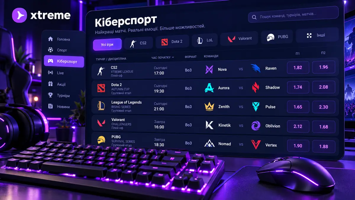 Розділ кіберспорту Xtreme з матчами та коефіцієнтами