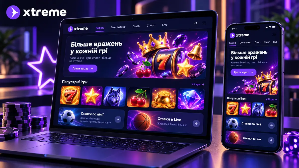 Головна сторінка Xtreme з розділами казино та ставок на спорт