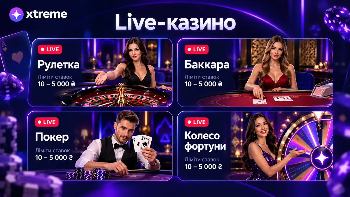 Розділ live-казино Xtreme зі столами та дилером